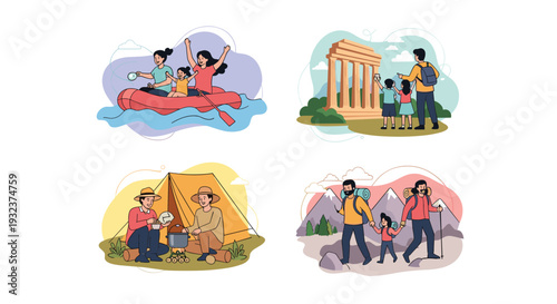 Collection of flat style illustrations depicting happy families enjoying outdoor adventures like river rafting, camping, hiking, and sightseeing.