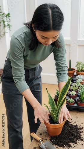 A focused Asian woman pots a snake plant in a bright greenhouse vertical video