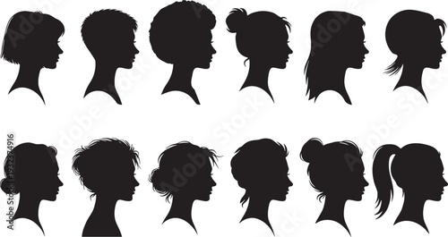 Black female head profile silhouettes set with various hairstyles, woman face side view collection, beauty salon icons, diverse feminine hair vector illustration, fashion.