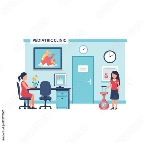 A pediatric clinic scene with staff, equipment, and artwork