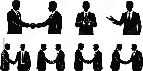 Business handshake silhouettes set of professional men greeting applauding and presenting isolated on white background vector illustration corporate partnership concept