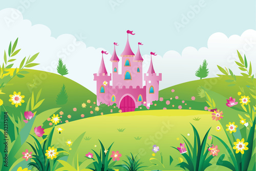 Pink Princess Castle on Grassy Hill with Flowers and Blue SkyStock Illustration