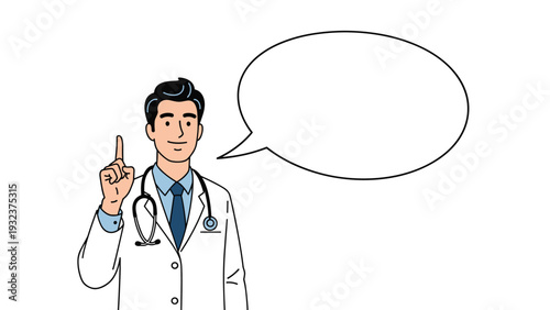 Male medical doctor in a white coat and stethoscope pointing his finger up next to a large blank speech bubble.