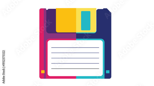 Retro colorful floppy disk icon with a white label used for vintage computer data storage and file saving.