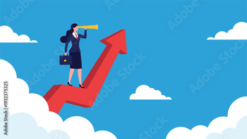 Businesswoman holding a briefcase and standing on a large rising red arrow while looking through a telescope at the sky.