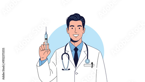 Male doctor in a medical lab coat and stethoscope holding a needle syringe for vaccination or medicine injection.