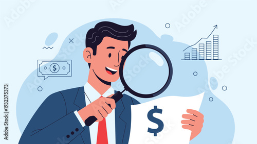 Businessman in a suit using a large magnifying glass to inspect a financial document with a dollar sign and chart.