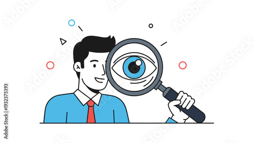 Businessman in a blue shirt and red tie looking through a magnifying glass to inspect a large eye representing vision.