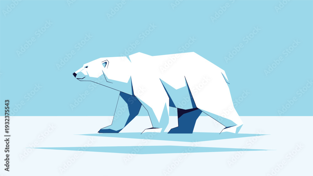 Fototapeta premium Minimalist geometric polar bear walking across the arctic ice on a clear blue sky background representing wildlife and conservation.
