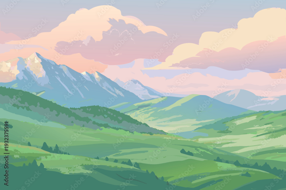 Fototapeta premium Rolling Green Hills and Snow-Capped Mountains under a Soft Pink Sky with Clouds Landscape Illustration