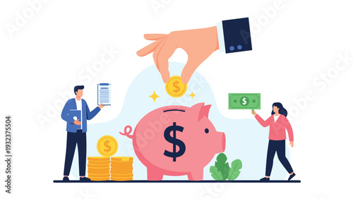 People putting coins and bills into a large pink piggy bank to represent financial planning, saving money, and investment goals.