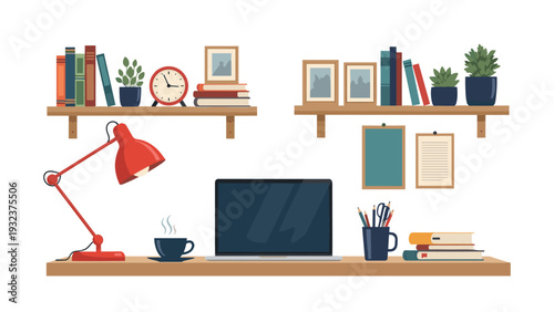 Organized home office workspace featuring a laptop, books, desk lamp, wall shelves, coffee cup, and various decorative items.