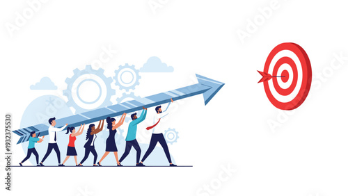 Team of business professionals working together to carry a large blue arrow towards a red bullseye target representing goal achievement.