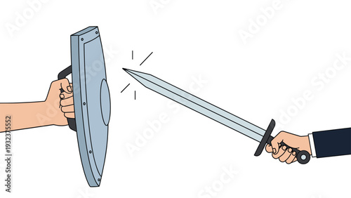 Close up of a hand holding a metal shield to block a sharp sword held by another hand in a formal business suit sleeve.