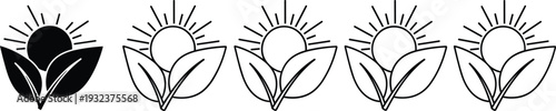 Eco friendly rating icons with sun and three leaves, sustainability progress scale, renewable energy growth stages, green lifestyle vector design concept