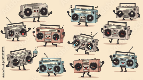 Fun set of retro cartoon boombox characters with various facial expressions and poses dancing and playing music together.