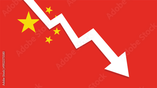 Financial chart with a downward white arrow over a red flag of China representing economic decline or market crash.