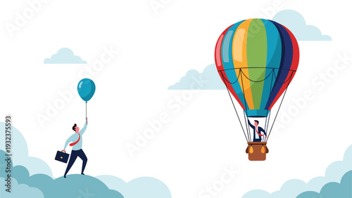 Comparison between a businessman floating with a single balloon and another soaring higher in a large colorful hot air balloon.