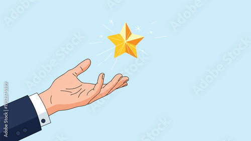 Hand of a businessman in a dark suit reaching out towards a bright glowing gold star against a soft light blue background.