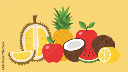 Vibrant collection of tropical fruits including durian, pineapple, apple, coconut, watermelon, and lemon on a yellow background.