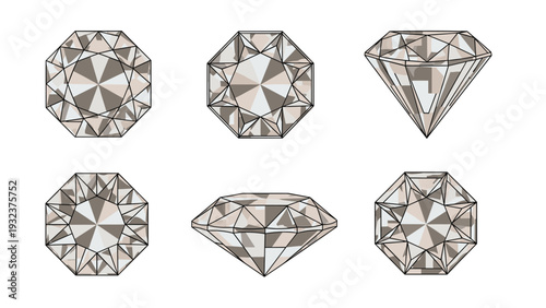 Set of diamonds showing different cuts and perspectives from top and side views for jewelry design and luxury branding.