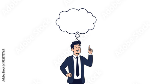 Businessman in a suit and tie pointing up at a large empty cloud thought bubble for copy space and creative messaging.