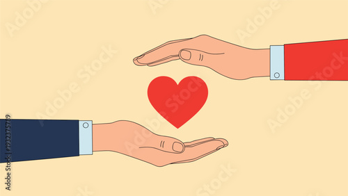 Two hands protecting a bright red heart symbol representing love, care, support, healthcare, and insurance services.