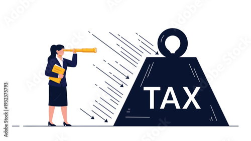 Businesswoman looking through a gold telescope at a giant black weight labeled TAX representing heavy financial burden.
