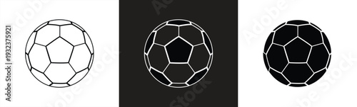 Four oval shaped black and white soccer ball icons display various outline and solid styles