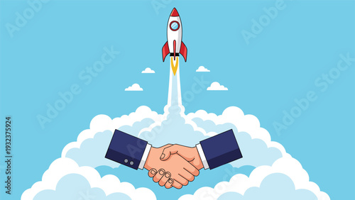 Professional handshake between two businessmen with a powerful rocket ship launching in the background representing a new partnership.
