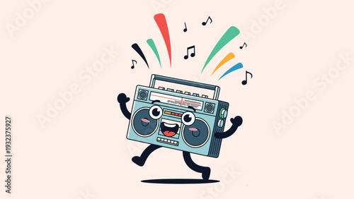 Cheerful cartoon boombox character with big eyes and a wide smile dancing with colorful music notes and celebration lines.