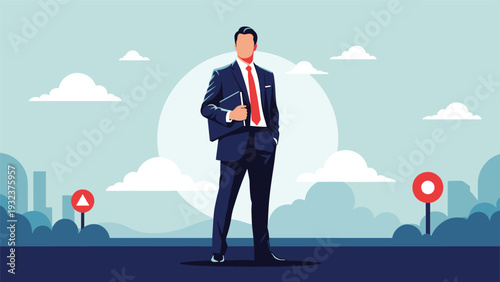 Confident businessman in a dark blue suit and red tie standing tall against a bright sun and city skyline backdrop.