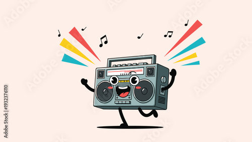 Happy cartoon boombox character dancing with musical notes and colorful rays of light against a pale background.
