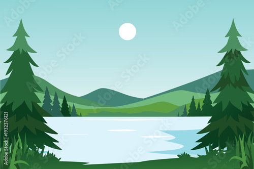 Serene Lake Landscape with Pine Trees and Rolling Hills under a Bright Sky