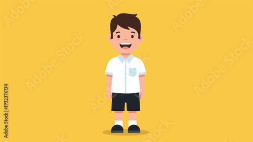Cheerful young boy wearing a white school shirt and navy blue shorts standing confidently against a yellow background.