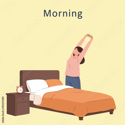A person stretches by their bed. The word "Morning" is above them