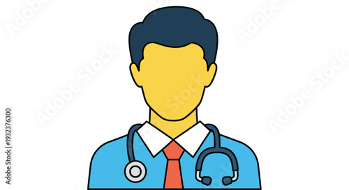 Stylized icon depicting a male medical doctor wearing a blue shirt and stethoscope against a white background