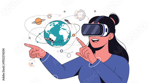 Excited woman wearing a virtual reality headset interacting with a digital globe and orbiting celestial bodies.