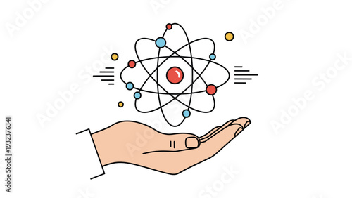 Human hand holding a scientific model of an atom with colorful electrons orbiting a nucleus on white background.