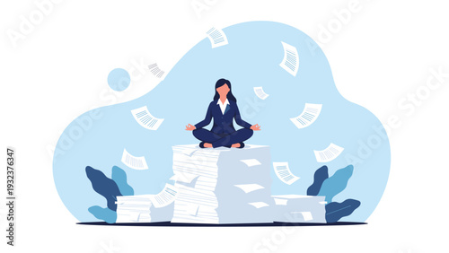 Businesswoman practicing yoga and meditation while sitting on top of a massive pile of paperwork in the office.