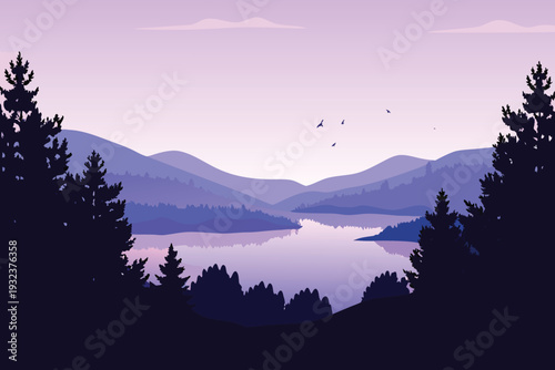 Serene Mountain Lake Landscape at Dusk with Pine Trees and Birds Flying Purple Hues Vector Art
