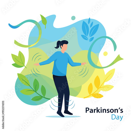 A person with arms outstretched amidst leafy shapes and colors