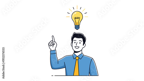 Cheerful businessman pointing upwards to a bright glowing lightbulb over his head representing a great idea and discovery.