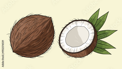 Detailed illustration of a whole brown hairy coconut and a fresh half coconut showing white meat and green palm leaves.