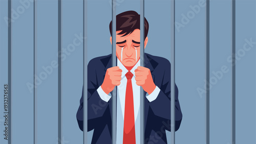 Close up emotional portrait of a crying businessman holding onto prison bars with tears running down his face in despair.