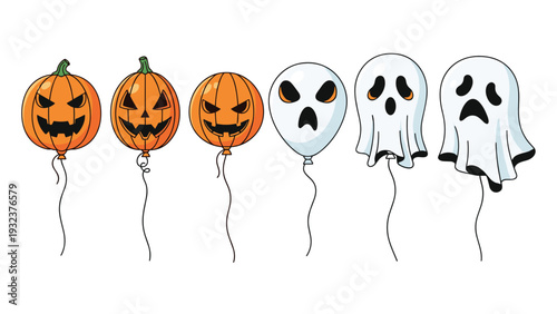 Set of six Halloween balloons shaped like orange carved pumpkins and white spooky ghosts with varied expressions.
