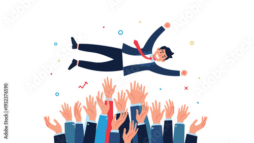 Group of professional hands tossing a happy businessman high into the air in a celebratory gesture of team success.