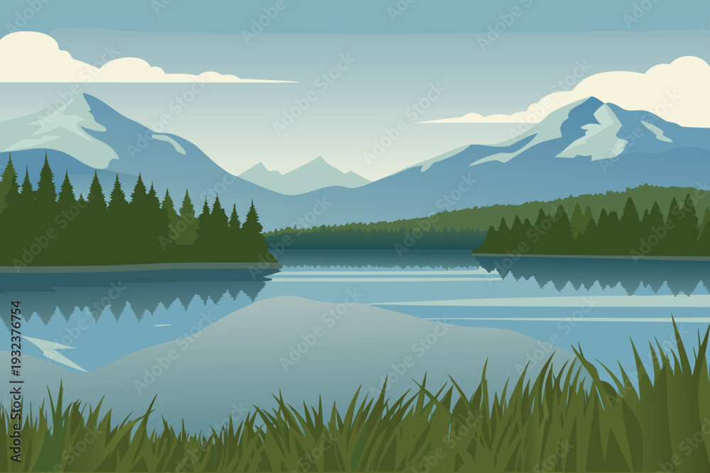 Naklejka premium Serene Mountain Lake Reflection with Evergreen Forest and Cloudy Sky Landscape Illustration