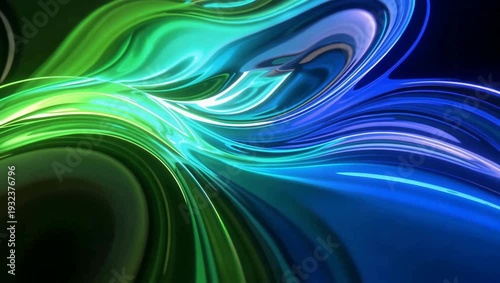 Abstract Flowing Neon Light Waves in Green and Blue Hues.