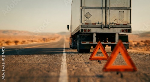 White semi-truck trailer broken down on a highway shoulder during a sunny day with orange emergency warning triangles on the asphalt road; a concept of roadside assistance and safety.